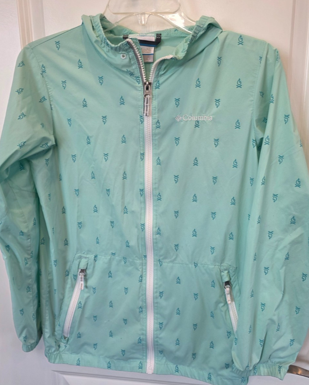 Columbia Hooded Windbreaker Rain Jacket Womens Large 14/16 Aqua Logo Lightweight